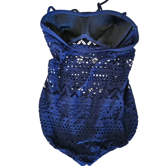 Robin Piccone One Piece Navy Blue Halter Crochet Bathing Swimsuit Size 10 - Picture 2 of 8